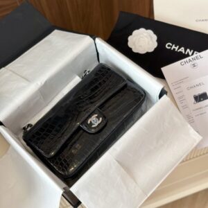 Chanel Classic Crocodile Skin Like Auth Black Full Box With Lock Silver 25cm