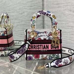 Medium Lady D- Lite Bag White Brocade Like Auth 17x7x15cm