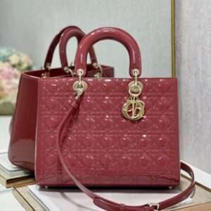 Dior Lady Replica 11 Women's Handbag Red Glossy Leather Gold Lock 32cm