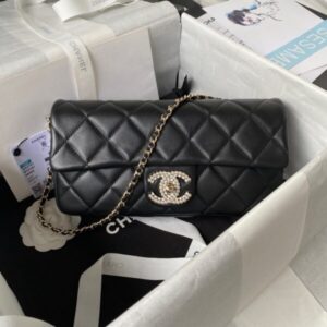 Chanel With Lock Pearl Handbags Black Demi Handle 26×11.5x4cm