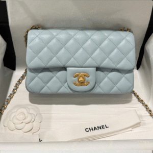 Chanel Classic Bell Bag Handbag Sheepskin Blue Like Auth Lock Gold 20cm