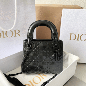 Dior Lady Matte Like Auth Women's Handbag Black Diamond Pattern 17cm
