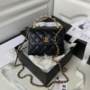 Chanel Woc Pearl Handle Plated Handbags Black Leather With Lock Gold 11.5×14.5×5.5cm