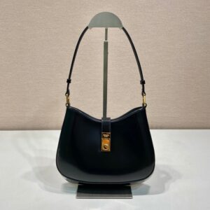 PRADA CLEO SHOULDER BAG 22 IN BLACK BRUSHED LAMBSKIN WITH CLASP CLOSURE