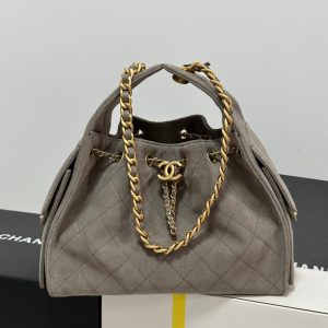 NEW CHANEL 25 HANDBAG 30 IN NATURAL GREY SUEDE GOLD HARDWARE