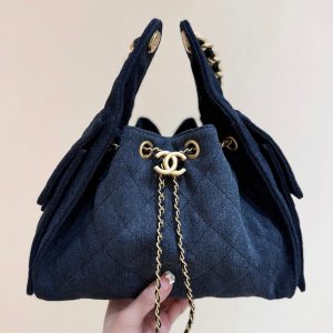 CHANEL 25 HANDBAG 30 IN DARK BLUE DENIM GOLD HARDWARE
