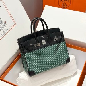 HERMES BIRKIN 25CM IN BLACK SWIFT BLACK/MINT/BLANC TOILE CANVAS (CUSTOM-MADE)