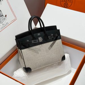 Hermes BIRKIN 25CM IN BLACK SWIFT WHITE BLACK PLAID TOILE CANVAS (CUSTOM-MADE)