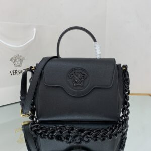 Versace La Medusa medium top handle bag in black grained leather